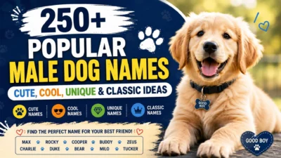 250+ popular male dog names with a happy Golden Retriever puppy, featuring cute, cool, unique, and classic dog name ideas