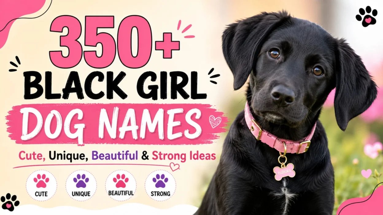 Cute black girl puppy with pink collar beside the title 350+ Black Girl Dog Names featuring cute, unique, beautiful, and strong ideas