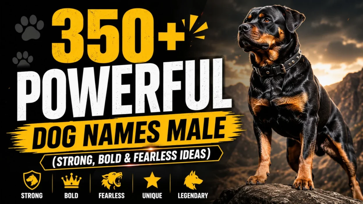 Powerful male dog names banner featuring a strong Rottweiler and bold text for dog naming ideas
