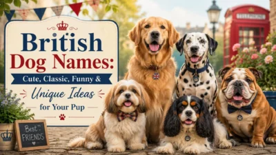 British dog names graphic with five adorable dogs, a red phone booth, and a classic title sign