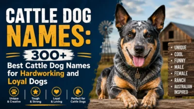 Australian Cattle Dog with cattle dog names banner featuring 300+ name ideas for loyal and hardworking dogs