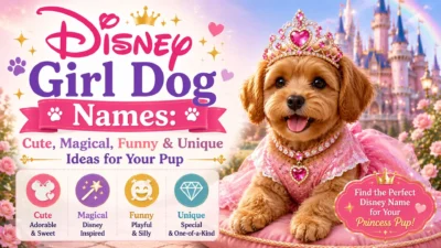 Cute puppy wearing a crown with Disney girl dog names text and magical castle background