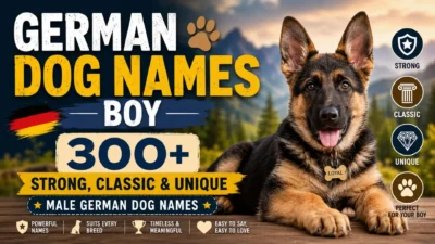 German Shepherd puppy with 300+ strong, classic, and unique German dog names for boys on a scenic mountain background