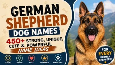 German Shepherd dog names featured image with a German Shepherd and 450+ strong, unique, cute, and powerful name ideas