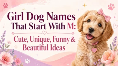 Girl dog names that start with M with cute puppy, pink bow, flowers, and pastel pet name design