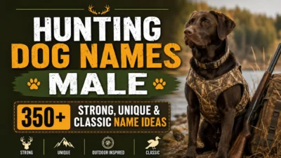 Male hunting dog in camouflage beside hunting gear with 350+ strong, unique, and classic hunting dog name ideas