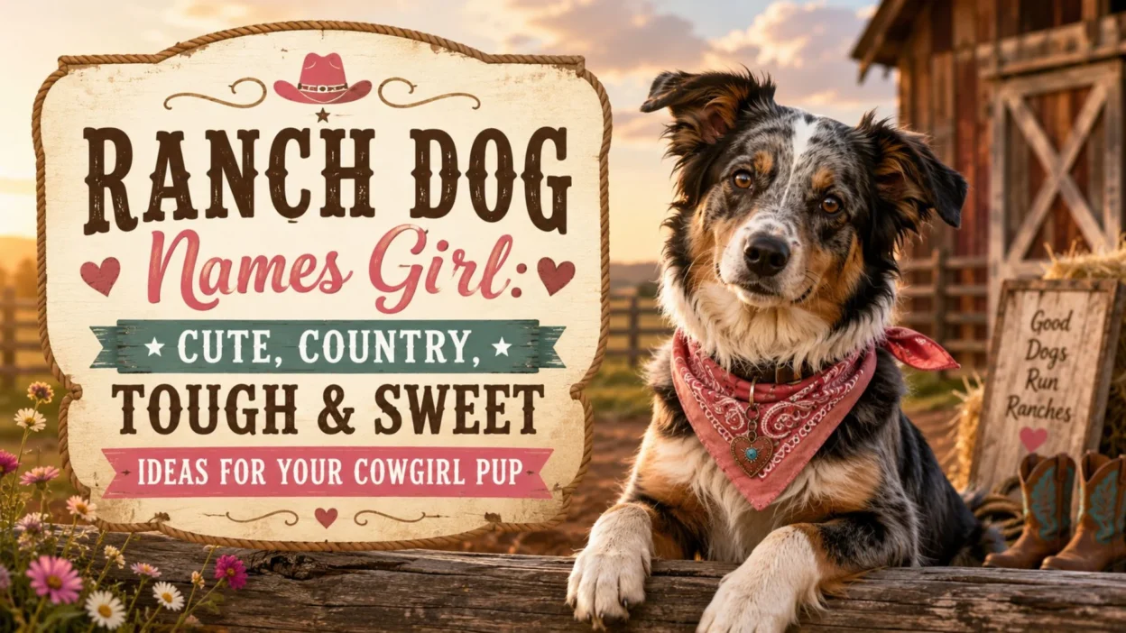 Ranch dog names girl image with cute cowgirl pup, rustic barn, western sign, and country ranch background