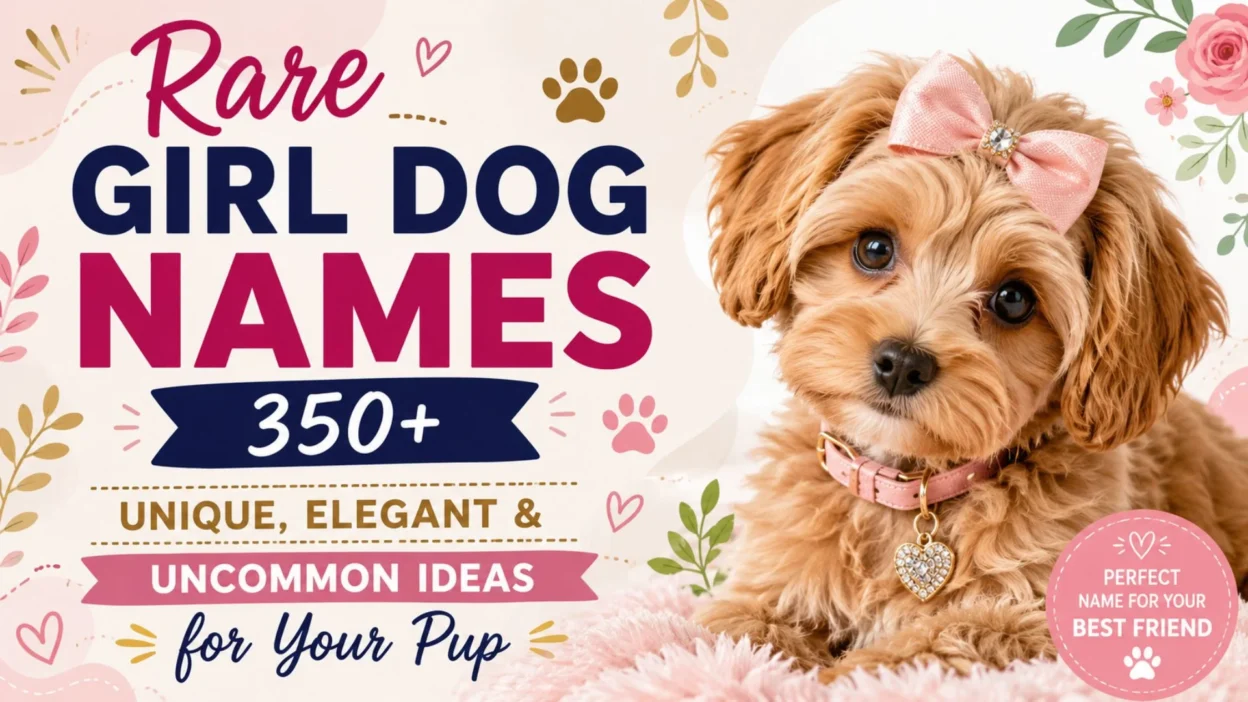 Cute female puppy with a pink bow promoting 350+ rare girl dog names, including unique, elegant, and uncommon ideas.