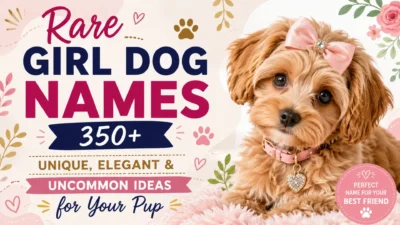 Cute female puppy with a pink bow promoting 350+ rare girl dog names, including unique, elegant, and uncommon ideas.