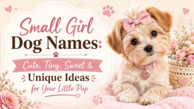 Small girl dog names featured image with a cute tiny puppy in a pink bow and sweet pastel background
