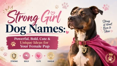 Strong girl dog names image with confident female dog in pink cape and bold pet blog title