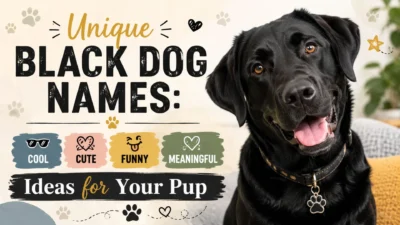 Unique black dog names hero image with happy black dog and cool, cute, funny, meaningful name ideas