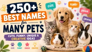 250+ best names for many pets with adorable dog, kittens, rabbit, guinea pigs, and hamster in a colorful pet name guide