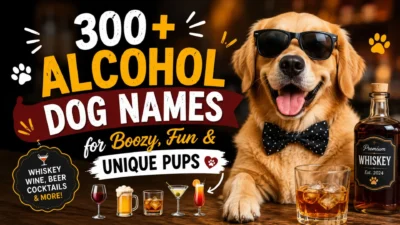 Golden Retriever wearing sunglasses beside whiskey and cocktail glasses with the title 300+ Alcohol Dog Names for Boozy, Fun & Unique Pups