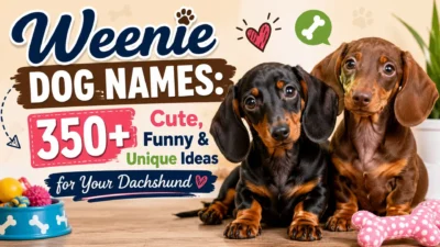 Cute dachshund puppies with colorful text showcasing 350+ weenie dog names, including funny, unique, and cute name ideas.