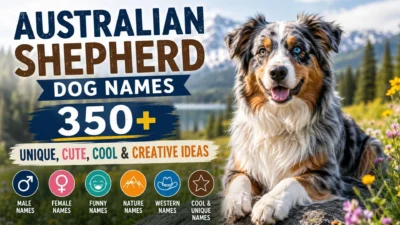 Australian Shepherd dog with mountain scenery promoting 350+ unique, cute, cool, and creative Australian Shepherd dog names