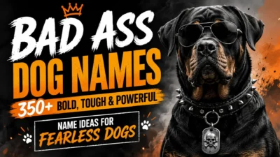 Bad ass dog names featured image with a tough Rottweiler wearing sunglasses and bold text for fearless dog name ideas