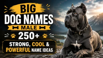 Big male dog with bold text showcasing 250+ strong, cool, and powerful big dog names for male large breeds