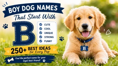 Boy dog names that start with B with a happy golden retriever puppy and 250+ cute, cool, unique, and strong name ideas.