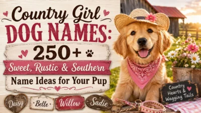 Golden Retriever puppy in a cowboy hat with country girl dog names on a rustic farm background