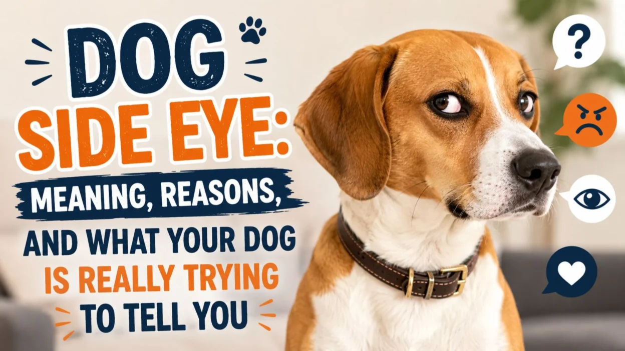 Dog giving a classic side eye expression with text explaining the meaning, reasons, and body language behind dog side eye