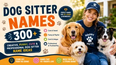 Dog sitter names banner with happy pet sitter and three dogs featuring 300+ creative, funny, cute, and professional name ideas