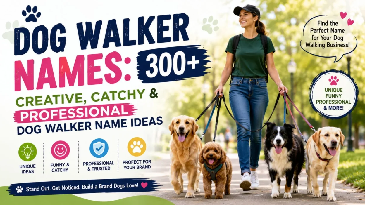 Professional dog walker walking happy dogs in a park with creative dog walker name ideas for pet business branding