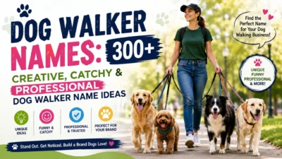 Professional dog walker walking happy dogs in a park with creative dog walker name ideas for pet business branding