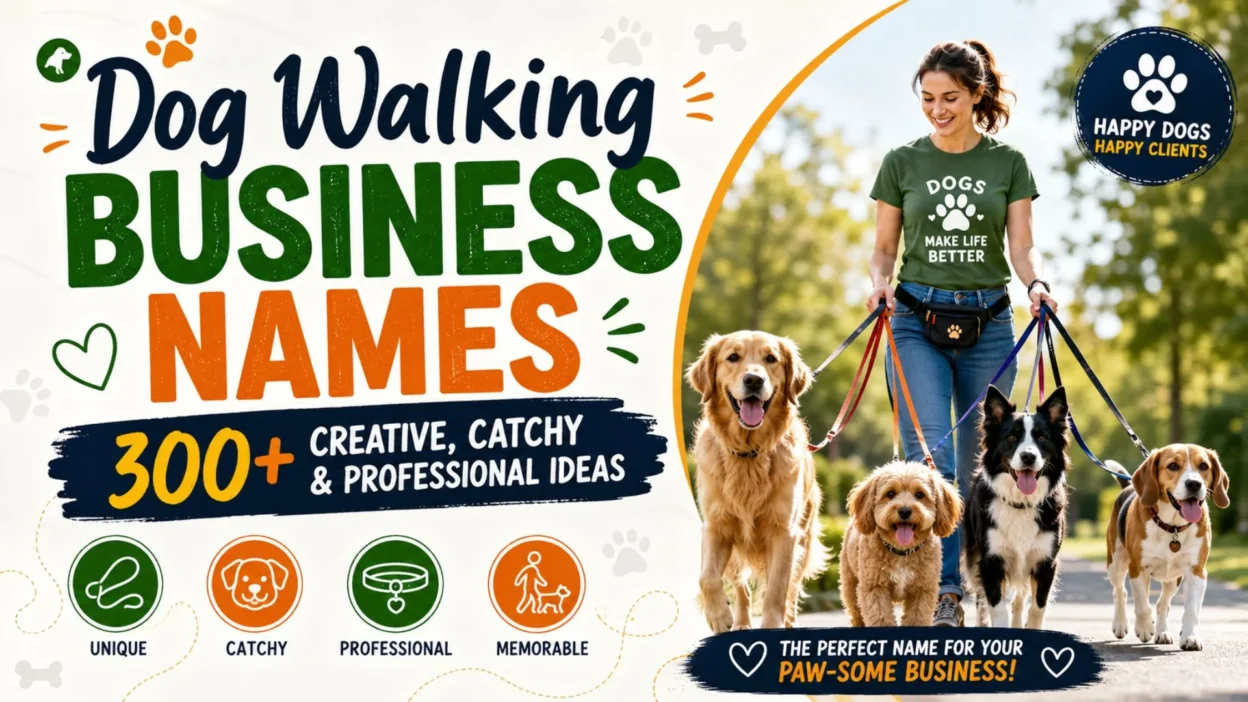 Dog walker with happy dogs promoting 300+ creative, catchy, and professional dog walking business names for pet startups