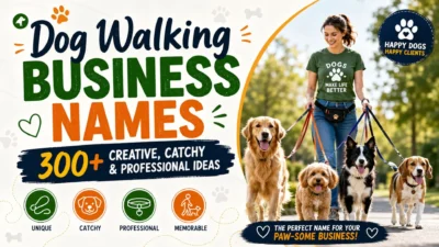 Dog walker with happy dogs promoting 300+ creative, catchy, and professional dog walking business names for pet startups