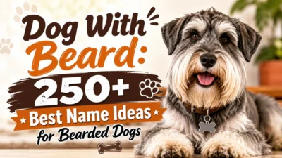 Happy bearded Schnauzer with text showcasing 250+ best dog with beard name ideas for bearded dogs