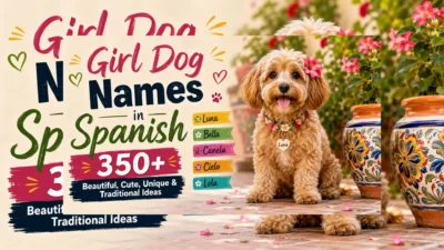Cute female dog with Spanish-inspired decor for a guide to 350+ girl dog names in Spanish