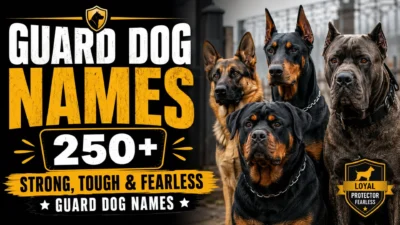 Strong guard dog names featured with German Shepherd, Rottweiler, Doberman, and Cane Corso in a bold protective-themed design.