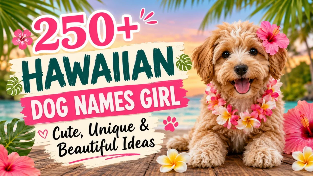 Cute female puppy wearing a Hawaiian flower lei on a tropical beach with Hawaiian dog names girl title and island theme