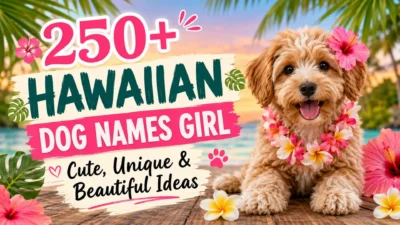 Cute female puppy wearing a Hawaiian flower lei on a tropical beach with Hawaiian dog names girl title and island theme