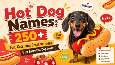 Cute dachshund in a hot dog costume with creative hot dog names and fun naming ideas for every hot dog lover