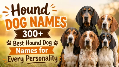 A group of hound dogs with the text "300+ Best Hound Dog Names for Every Personality" on a warm outdoor background.