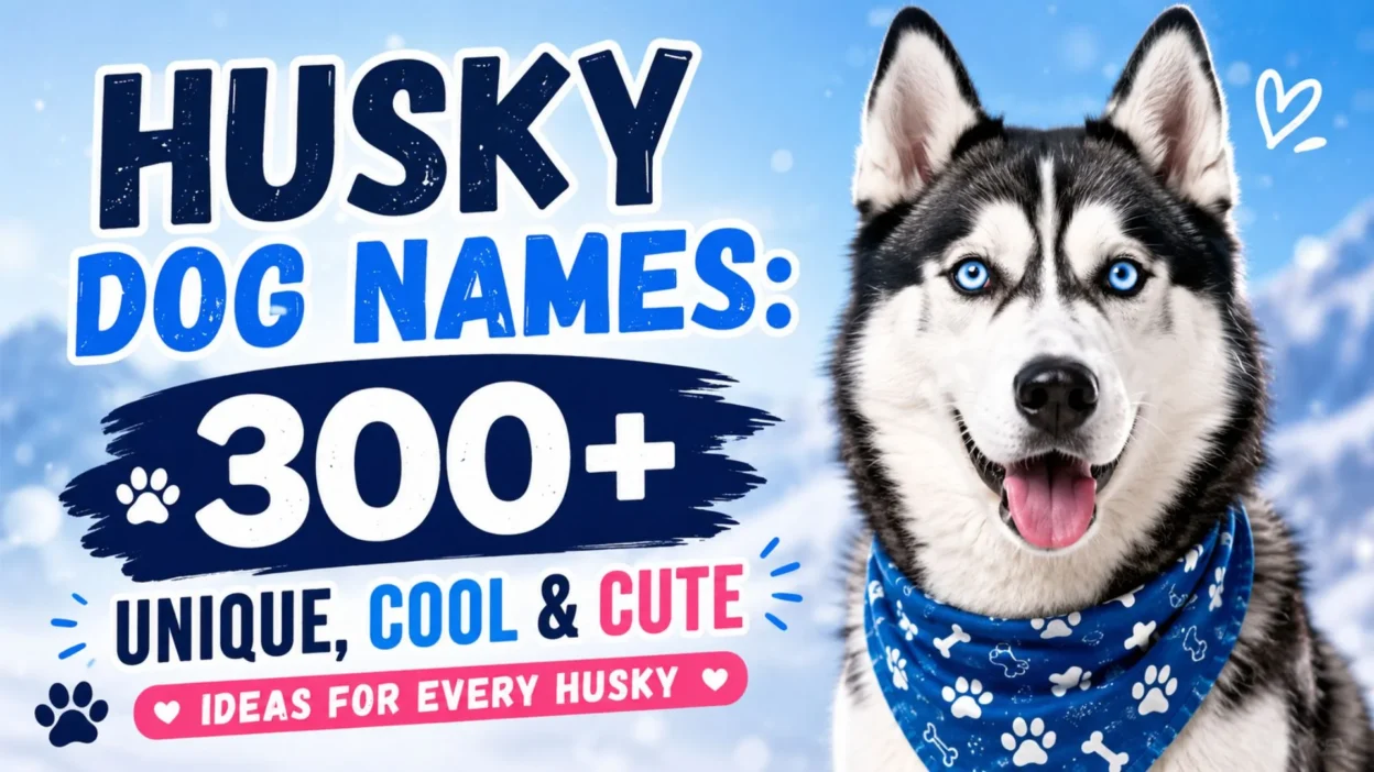 Happy Siberian Husky with blue eyes beside text showcasing 300+ husky dog names including unique, cool, and cute ideas