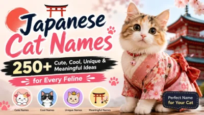 Cute kitten in a pink kimono with Japanese temple backdrop promoting 250+ Japanese cat names and meaningful name ideas.