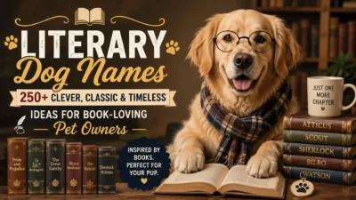 Golden Retriever with books and glasses showcasing literary dog names inspired by classic books and famous fictional characters