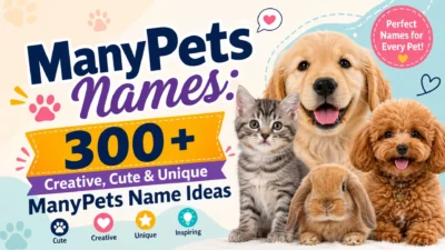 ManyPets names banner featuring adorable dogs, a kitten, and a bunny with 300+ creative, cute, and unique pet name ideas.