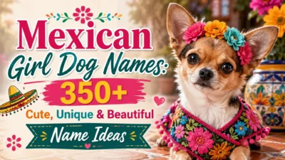 Mexican girl dog names featured with a Chihuahua in colorful Mexican attire and floral crown for female puppy name ideas