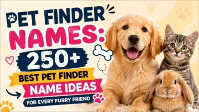 Happy puppy, kitten, and rabbit with Pet Finder Names graphic featuring 250+ best pet name ideas for every furry friend.