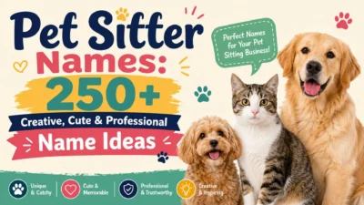 Pet sitter names banner with happy dogs and a cat featuring 250+ creative, cute, and professional pet sitting name ideas