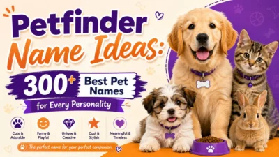Petfinder name ideas banner featuring a puppy, kitten, small dog, and rabbit with 300+ pet names for every personality.