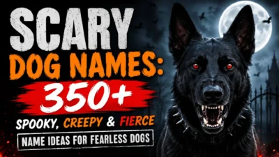 Scary dog names featured with a fierce black dog under a full moon in a spooky Halloween-inspired night scene