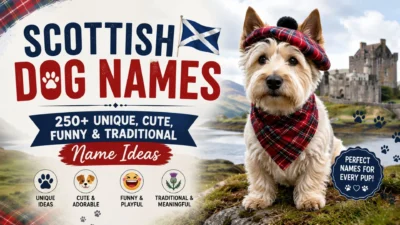 Scottish dog wearing tartan in front of a Scottish castle with Scottish dog names banner and Highland scenery