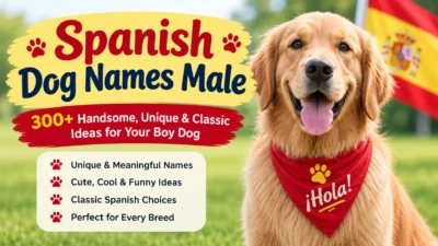 Spanish dog names male featuring a happy golden retriever with Spanish flag and 300+ unique, handsome boy dog name ideas