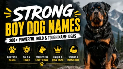 Strong boy dog names featured with a powerful Rottweiler and bold typography for tough, unique, and fearless male dog name ideas.