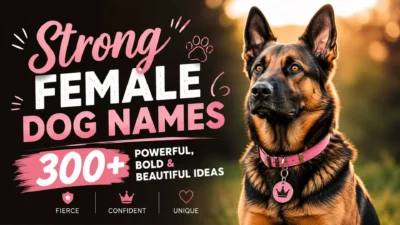 Strong female dog names featured with a confident German Shepherd and bold typography showcasing 300+ powerful name ideas